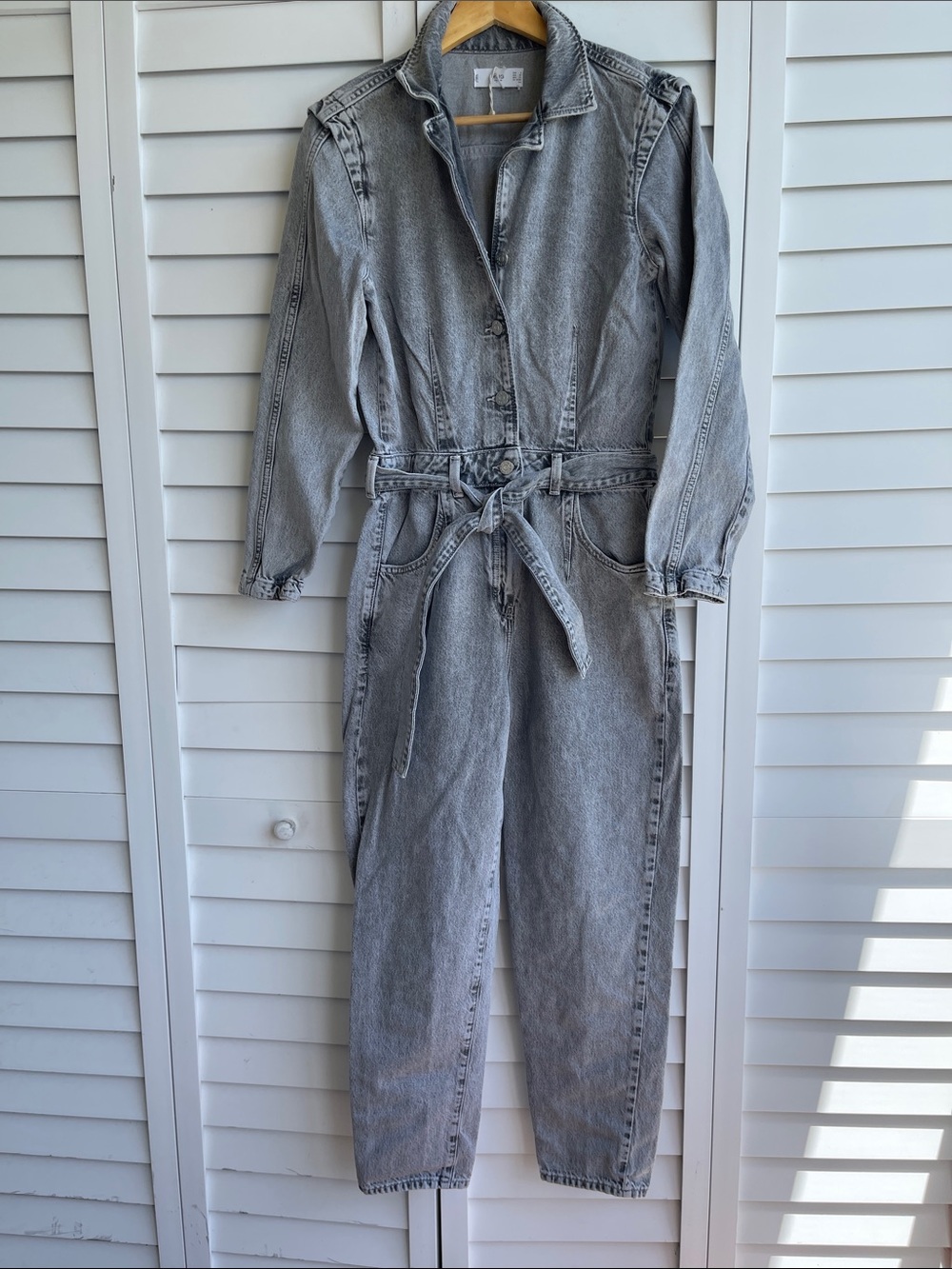 MANGO Gray Denim Utility Jumpsuit Belted Boiler Suit XS - Picture 2 of 13